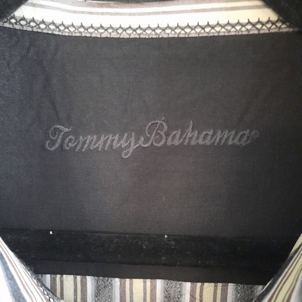 Tommy Bahama 100% Silk Button Down Long-Sleeve Shirt Stripe Black Tan Mens Sz XL - Picture 2 of 16